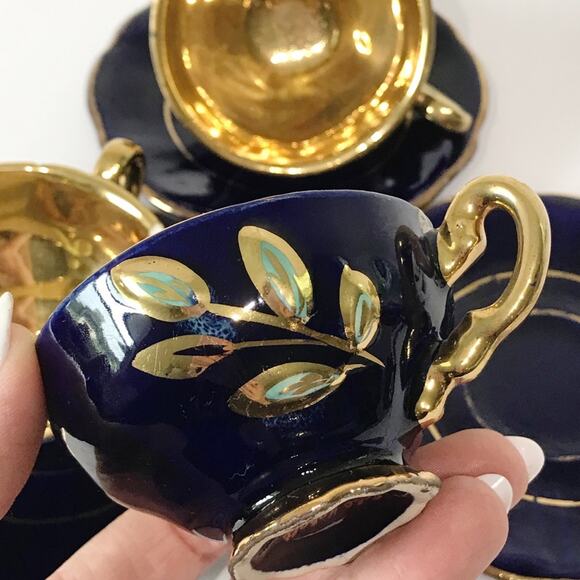 Reichenbach Geschenke Three Tea Cup Plate Set Echt Kobalt Gold Filigree Mocha - Picture 3 of 15